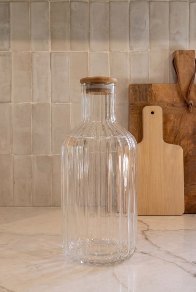 1350 ML Cam Şişe – Ahşap Kapaklı Cam Sürahi – Çizgili Borosilikat Cam Şişe – Şeffaf Cam Su Şişesi – Mutfak İçecek Şişesi 11x25 cm