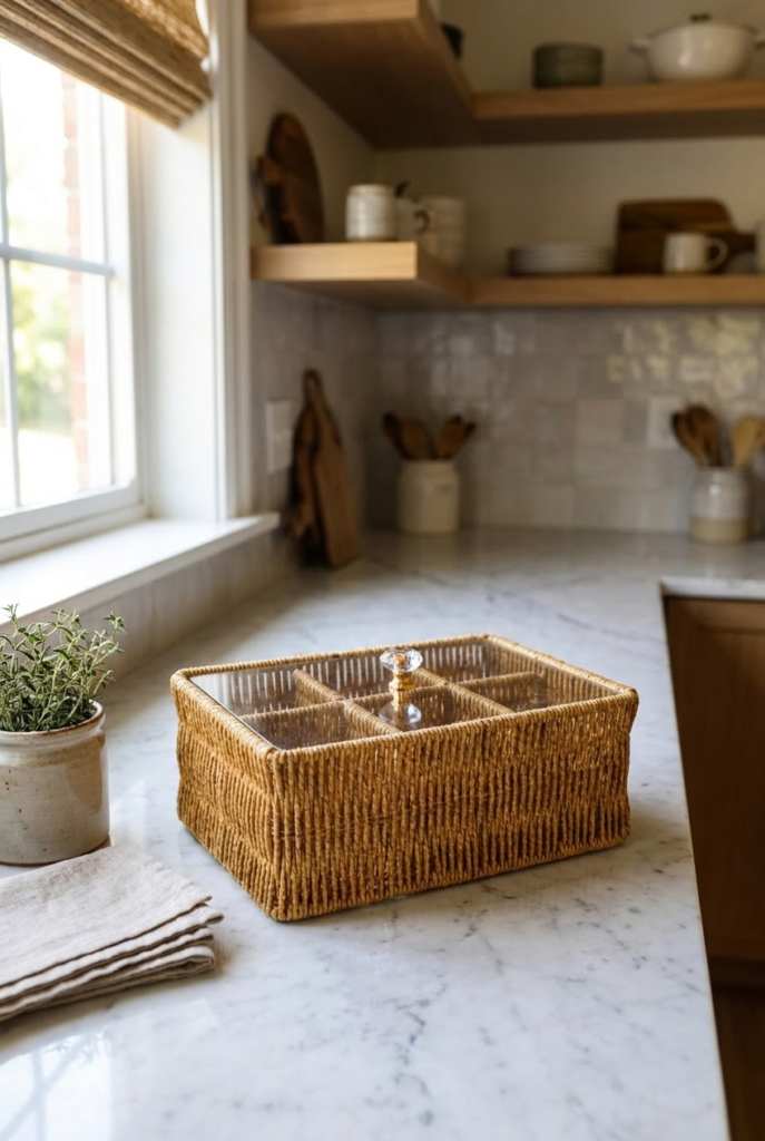 6 Bölmeli Rattan Düzenleyici Organizer Bitki Çayı Sepeti Şeffaf Kristal Kapaklı Rattan Saklama Kutusu Çay Poşeti Organizeri Kristal Kulplu 24,5 x 17 x 10 cm