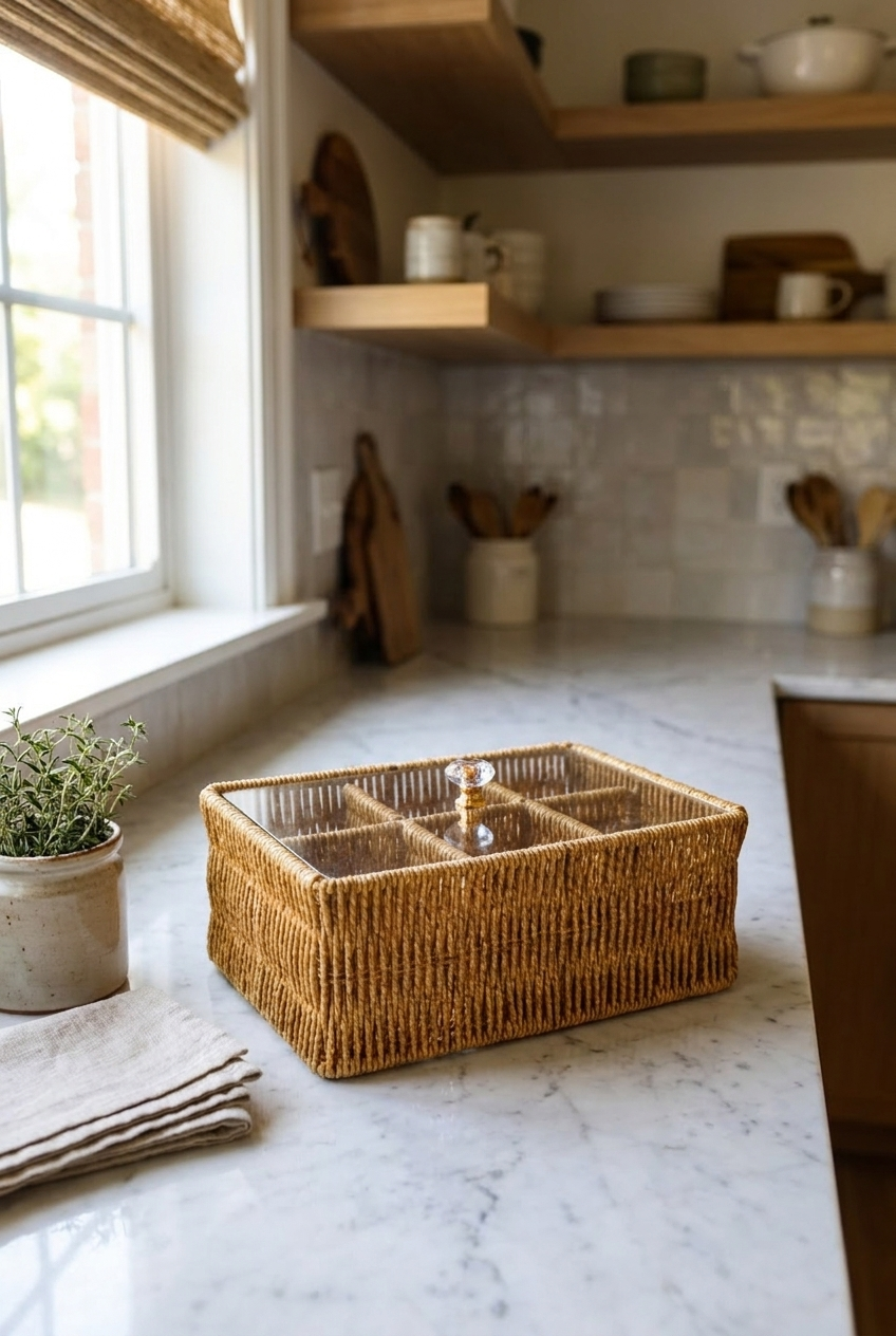 6 Bölmeli Rattan Düzenleyici Organizer Bitki Çayı Sepeti Şeffaf Kristal Kapaklı Rattan Saklama Kutusu Çay Poşeti Organizeri Kristal Kulplu 24,5 x 17 x 10 cm