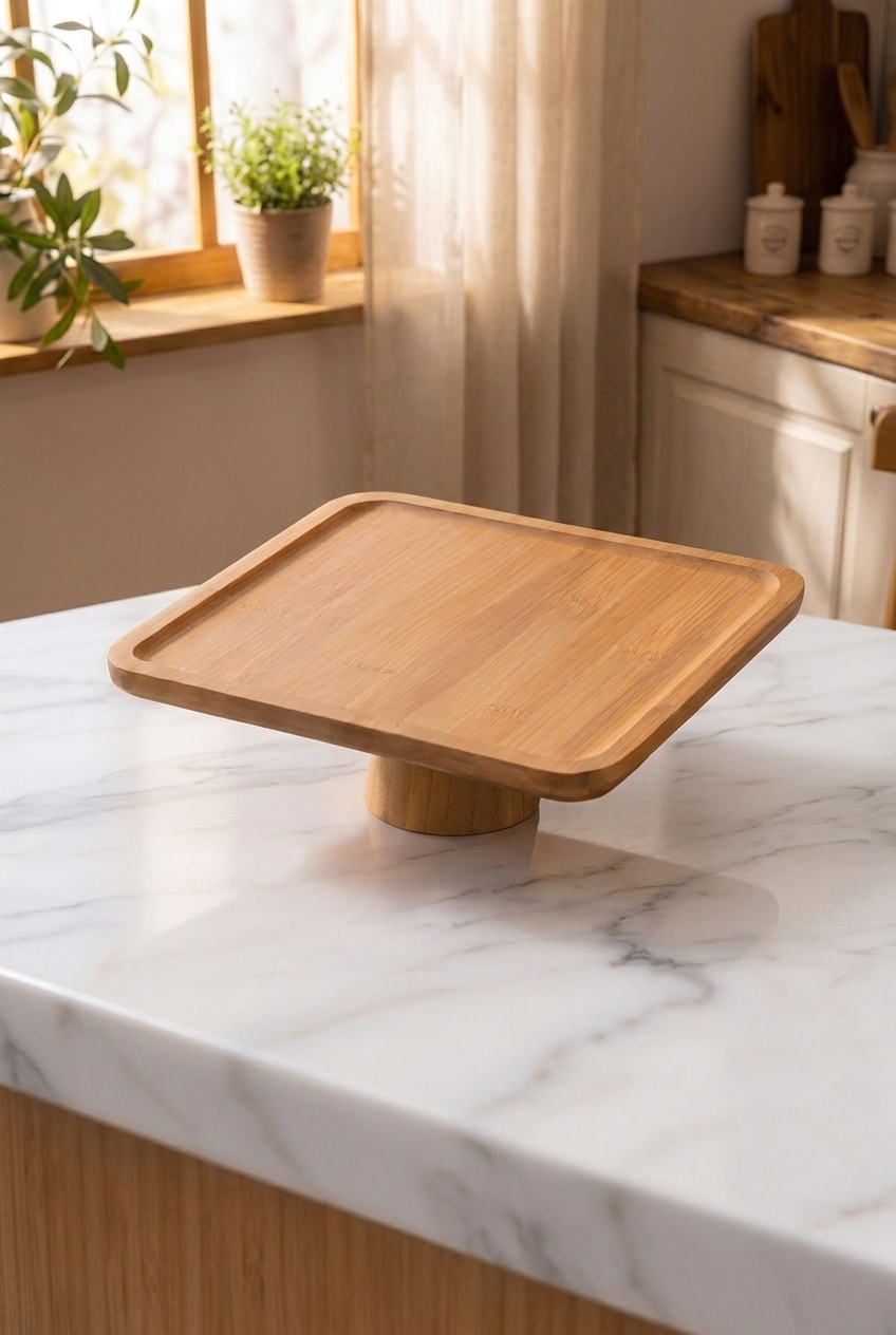 Ayaklı Kare Bambu Sunumluk 28x28 cm Dekoratif Sunum Standı Pasta Standı Kahvaltılık Meyvelik Servis Tabağı