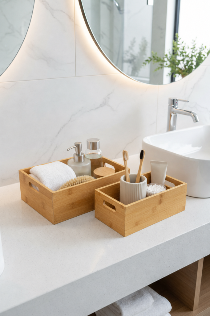2'li Bambu Düzenleyici Organizer Sepet Seti | Ahşap Çok Amaçlı Düzenleme Kutusu | Mutfak, Banyo, Dolap ve Ofis Organizer