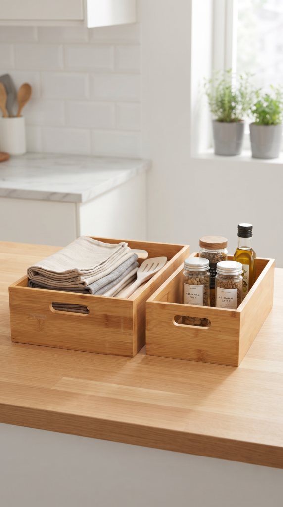 2'li Bambu Düzenleyici Organizer Sepet Seti | Ahşap Çok Amaçlı Düzenleme Kutusu | Mutfak, Banyo, Dolap ve Ofis Organizer