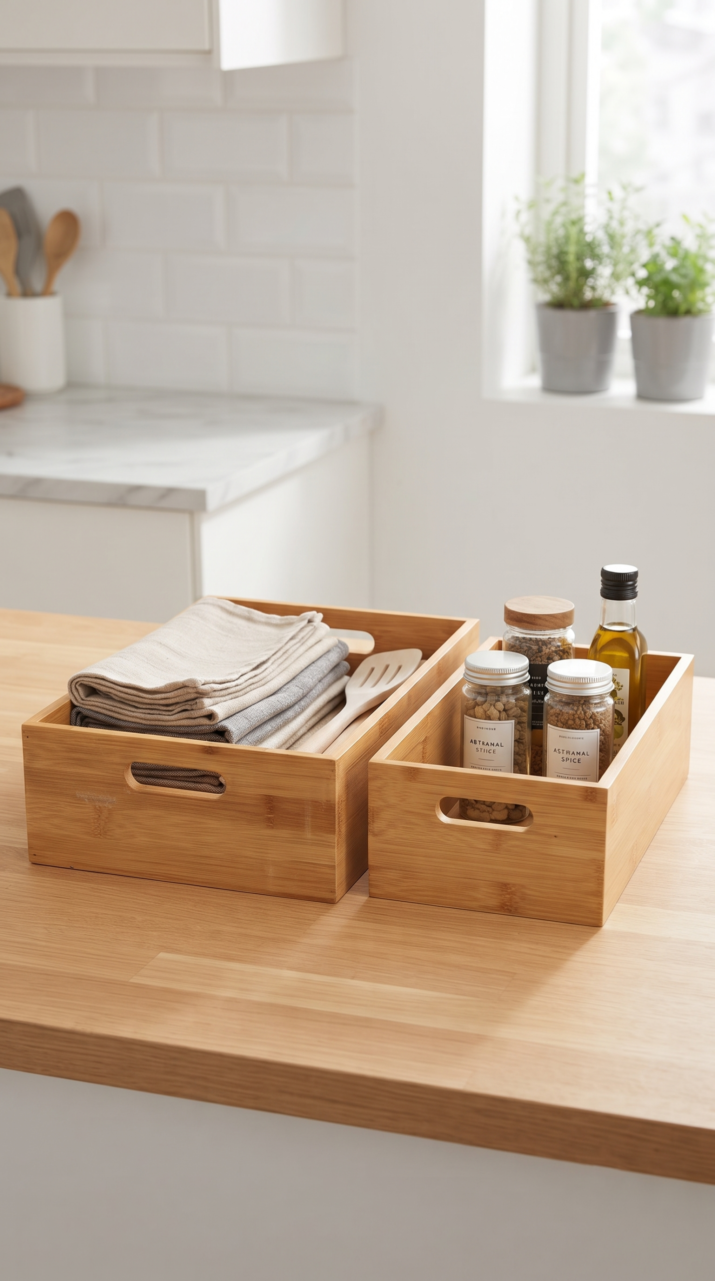 2'li Bambu Düzenleyici Organizer Sepet Seti | Ahşap Çok Amaçlı Düzenleme Kutusu | Mutfak, Banyo, Dolap ve Ofis Organizer