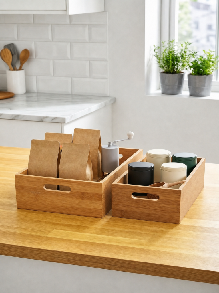 2'li Bambu Düzenleyici Organizer Sepet Seti | Ahşap Çok Amaçlı Düzenleme Kutusu | Mutfak, Banyo, Dolap ve Ofis Organizer