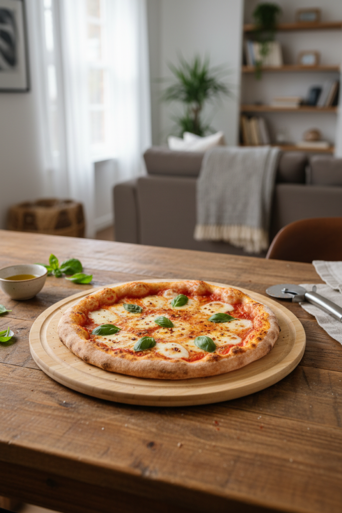 Bambu Döner Sunumluk 33x33 cm Pizza Standı Ahşap Döner Servis Tepsisi Oluklu Kenarlı Kahvaltılık Pasta Peynir Sunum Tabağı