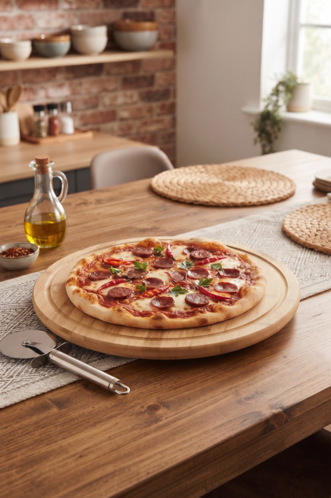 Bambu Döner Sunumluk 33x33 cm Pizza Standı Ahşap Döner Servis Tepsisi Oluklu Kenarlı Kahvaltılık Pasta Peynir Sunum Tabağı