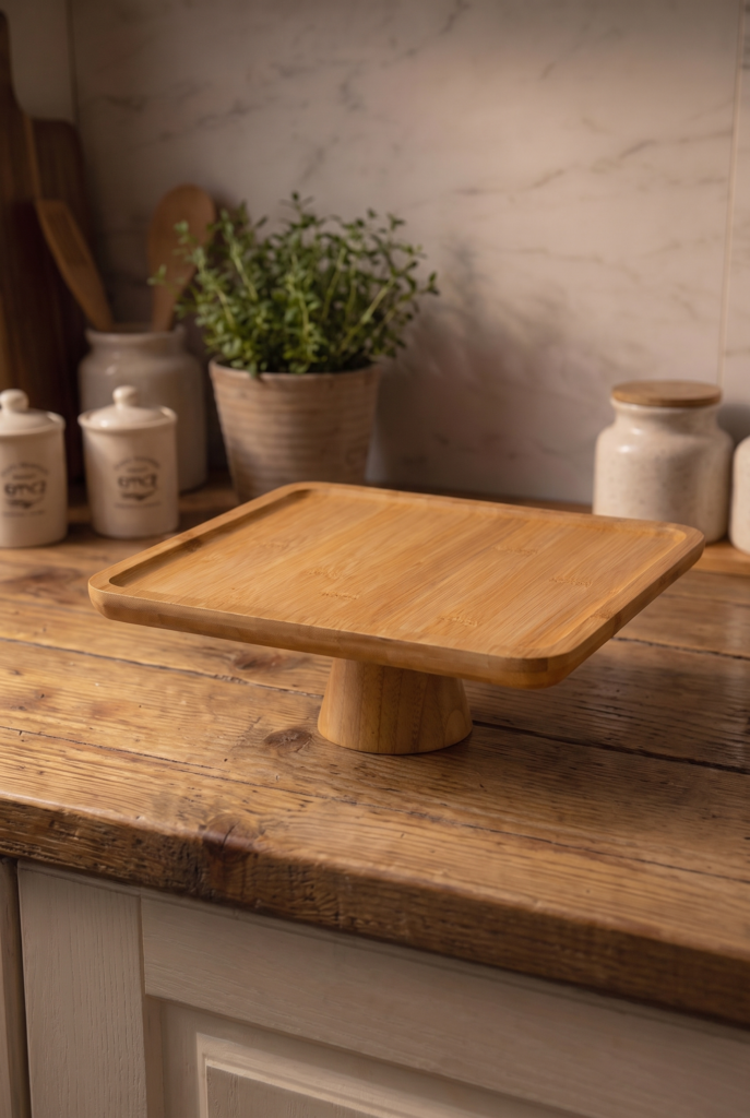 Ayaklı Kare Bambu Sunumluk 28x28 cm Dekoratif Sunum Standı Pasta Standı Kahvaltılık Meyvelik Servis Tabağı