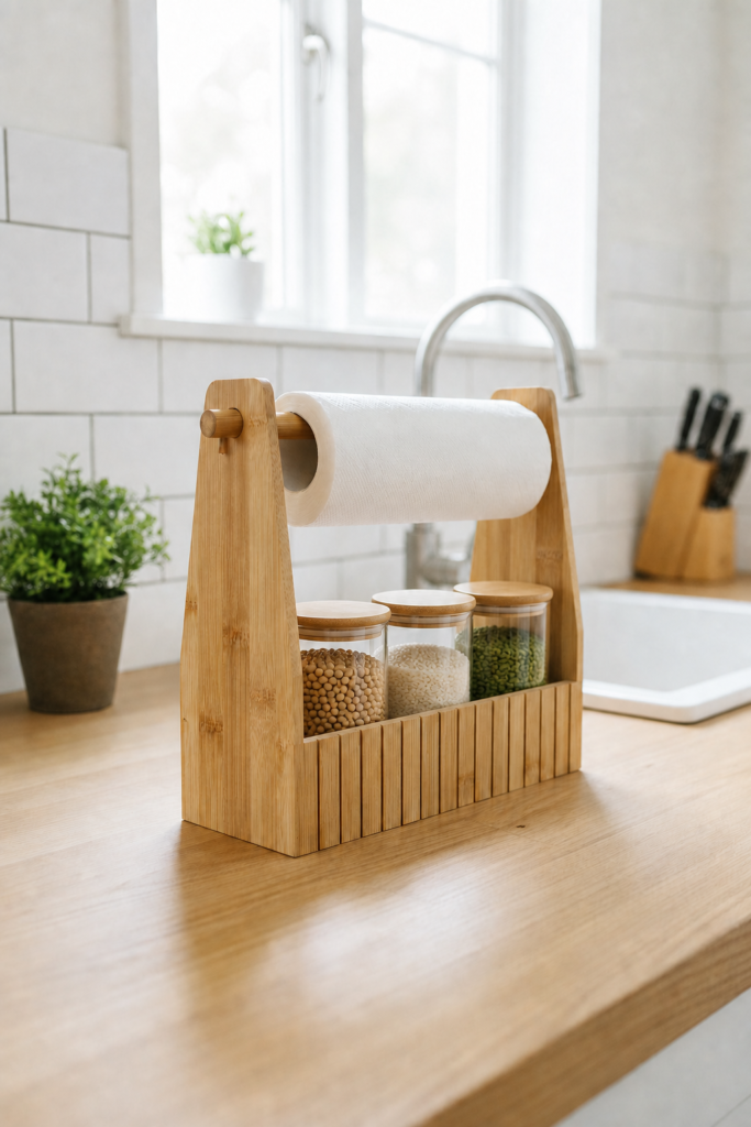 Bambu Kağıt Havluluk ve Peçetelik Organizer 26,5x10x25 cm – Çok Amaçlı Mutfak Düzenleyici, Ahşap Tezgah Üstü Saklama Rafı, Bambu Organizer Standı