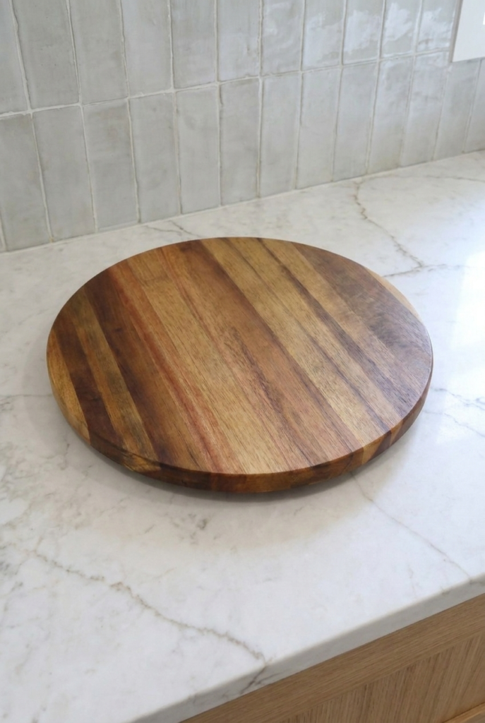27 cm Döner Akasya Ahşap Sunumluk – 360° Dönebilen Yuvarlak Ahşap Servis ve Sunum Tabağı – Kahvaltılık Peynir Pasta Çerez Meyve Sunum Standı 27x3 cm