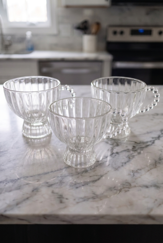 3'lü 180 ml Boncuk Kulplu Kristal Cam Kupa Seti Yuvarlak Kalın Cam Şeffaf Kahve Kupası – Dekoratif Çay, Latte, Cappuccino ve Türk Kahvesi Bardağı – 8,5 x 7,5 cm