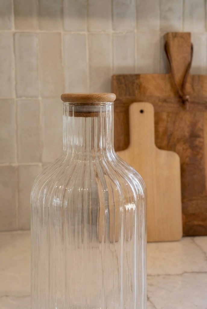 1350 ML Cam Şişe – Ahşap Kapaklı Cam Sürahi – Çizgili Borosilikat Cam Şişe – Şeffaf Cam Su Şişesi – Mutfak İçecek Şişesi 11x25 cm