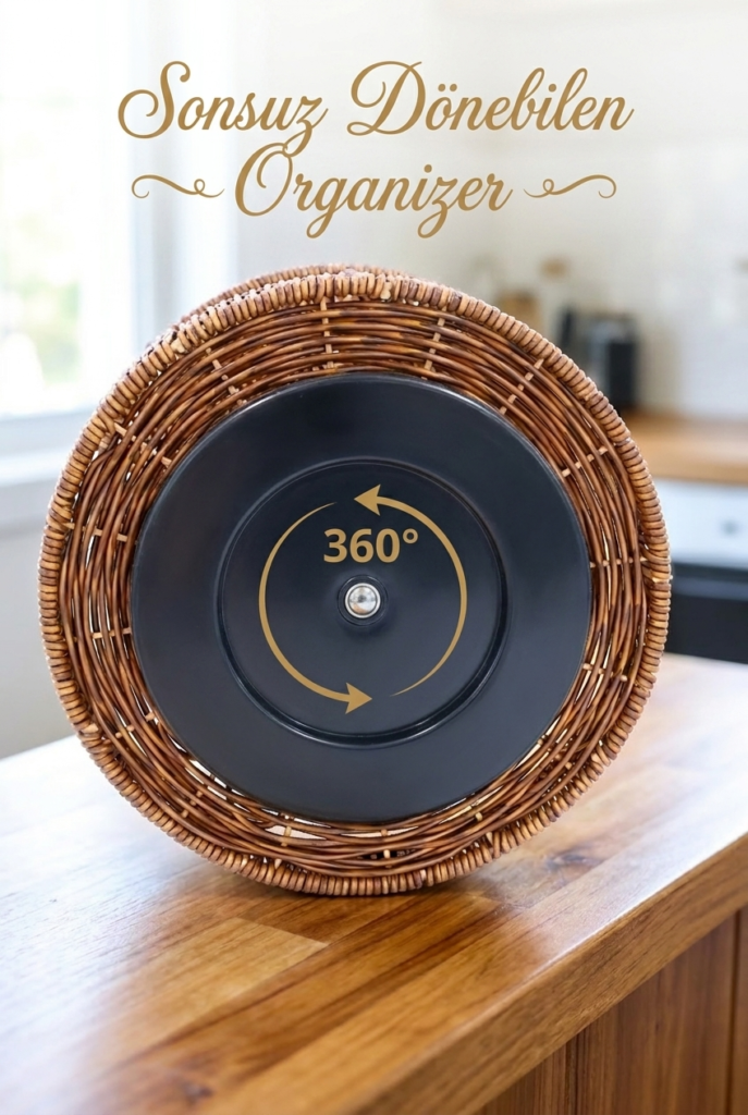 Hasır Rattan 2 Katlı Organizer ve Sunumluk Sepeti – Dekoratif Yuvarlak Hasır Meyvelik, Kahvaltılık, Mutfak Düzenleyici, Banyo Organizer, Tezgah Üstü Düzenleyici – 24 x 29 cm