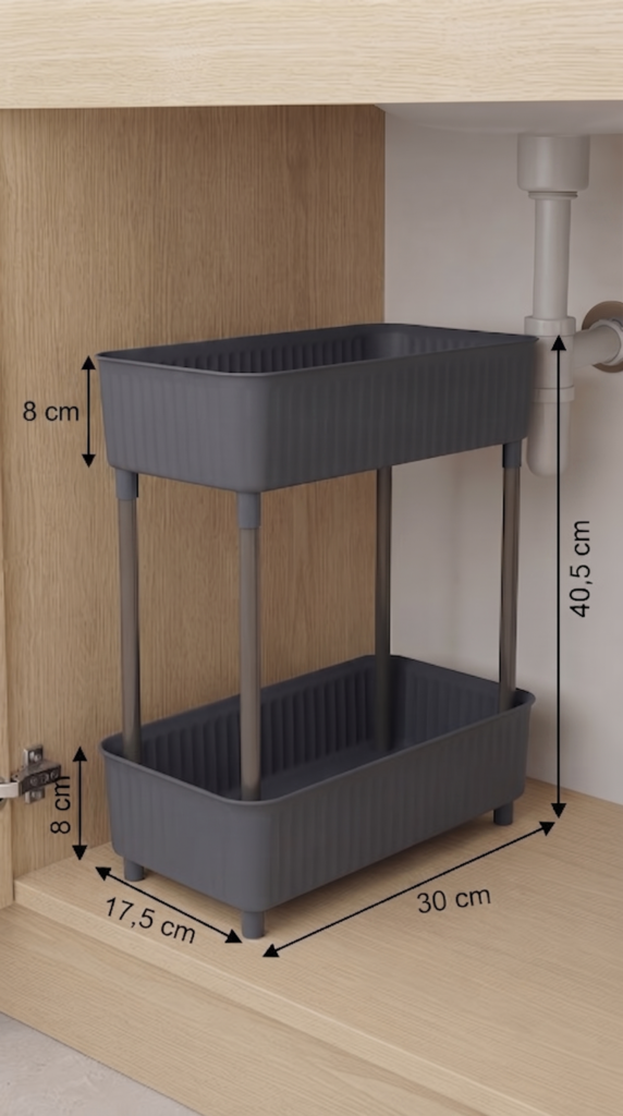 2 Katlı Plastik Düzenleyici Raf Füme | Mutfak Dolap İçi Raf | Banyo Rafı | Masa Altı Organizer | Çok Amaçlı Saklama Düzenleyici 30x17,5x40,5 cm