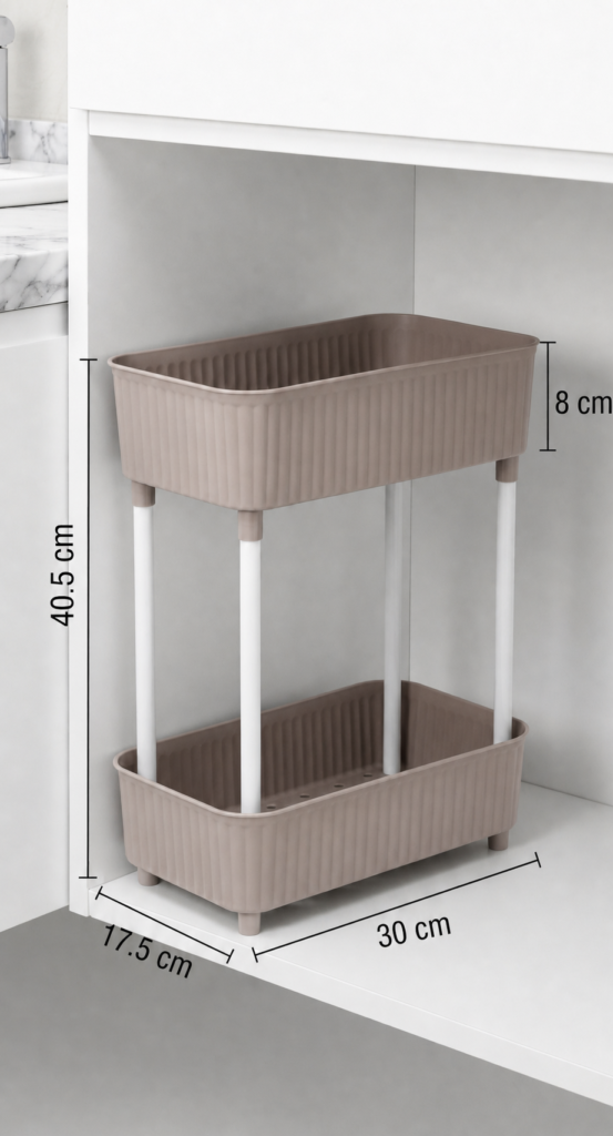 2 Katlı Plastik Düzenleyici Raf Cappuccino | Mutfak Dolap İçi Raf | Banyo Rafı | Masa Altı Organizer | Çok Amaçlı Saklama Düzenleyici 30x17,5x40,5 cm