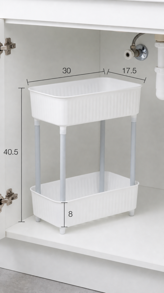 2 Katlı Plastik Düzenleyici Raf Beyaz | Mutfak Dolap İçi Raf | Banyo Rafı | Masa Altı Organizer | Çok Amaçlı Saklama Düzenleyici 30 x 17,5 x 40,5 cm