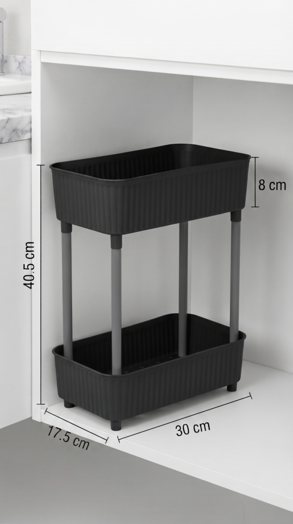 2 Katlı Plastik Düzenleyici Raf Siyah | Mutfak Dolap İçi Raf | Banyo Rafı | Masa Altı Organizer | Çok Amaçlı Saklama Düzenleyici 30x17,5x40,5 cm