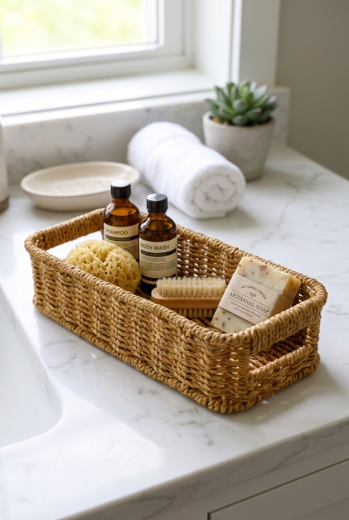 Hasır Rattan Organizer Sepet Kulplu Dekoratif Düzenleyici Sepet 26 x 11 x 7 cm Çok Amaçlı Mutfak Banyo Raf Dolap Organizeri Doğal Hasır Sepet