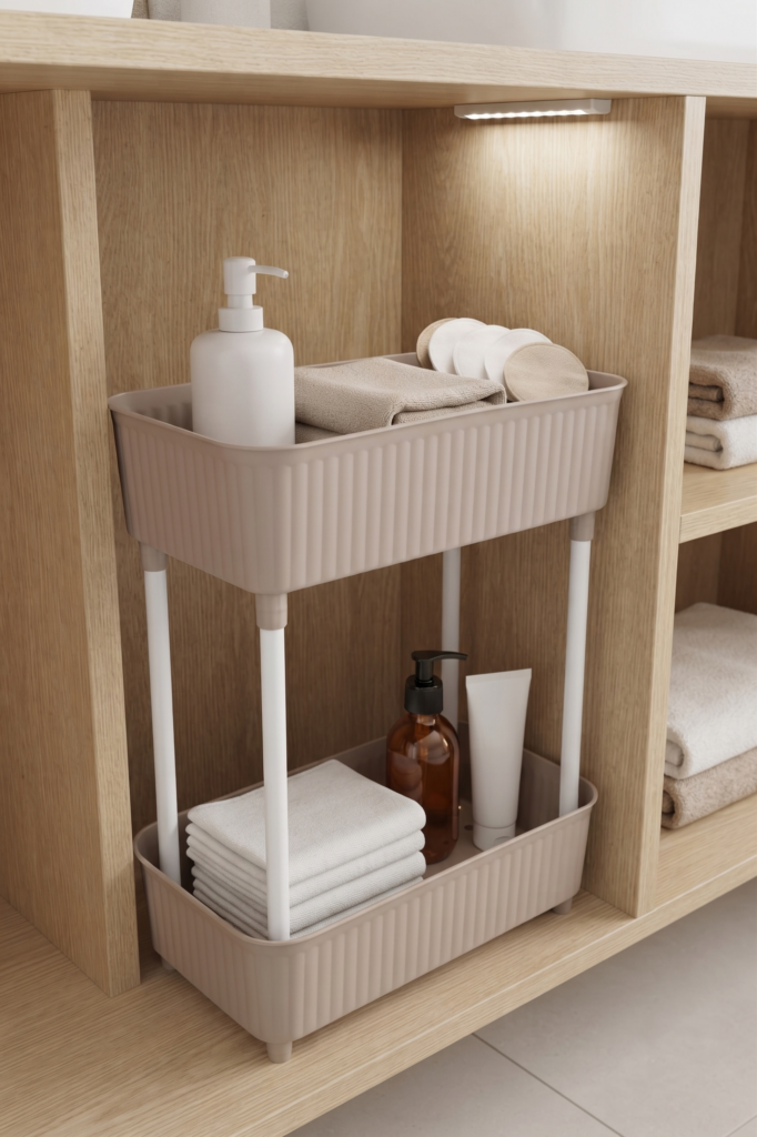 2 Katlı Plastik Düzenleyici Raf Cappuccino | Mutfak Dolap İçi Raf | Banyo Rafı | Masa Altı Organizer | Çok Amaçlı Saklama Düzenleyici 30x17,5x40,5 cm