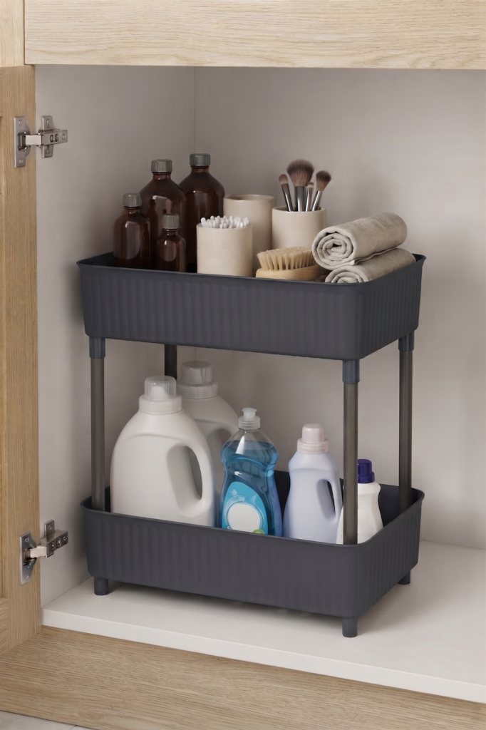 2 Katlı Plastik Düzenleyici Raf Füme | Mutfak Dolap İçi Raf | Banyo Rafı | Masa Altı Organizer | Çok Amaçlı Saklama Düzenleyici 30x17,5x40,5 cm