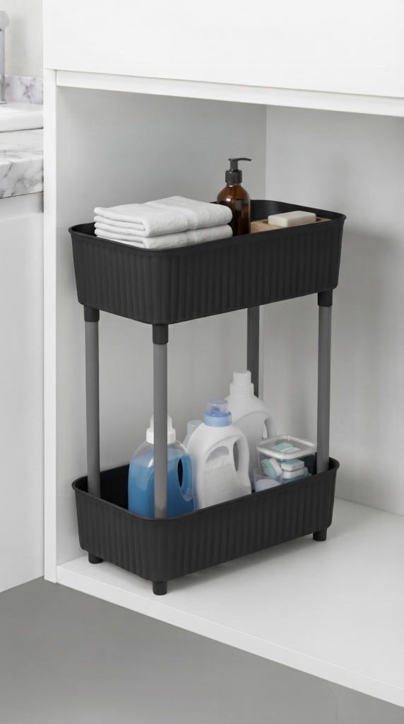 2 Katlı Plastik Düzenleyici Raf Siyah | Mutfak Dolap İçi Raf | Banyo Rafı | Masa Altı Organizer | Çok Amaçlı Saklama Düzenleyici 30x17,5x40,5 cm