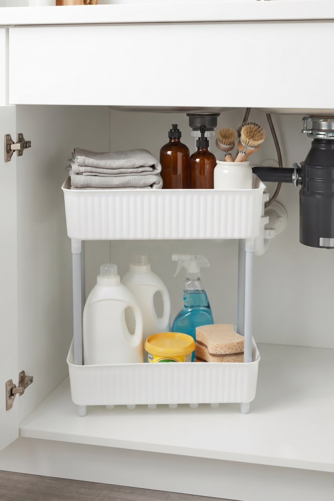 2 Katlı Plastik Düzenleyici Raf Beyaz | Mutfak Dolap İçi Raf | Banyo Rafı | Masa Altı Organizer | Çok Amaçlı Saklama Düzenleyici 30 x 17,5 x 40,5 cm
