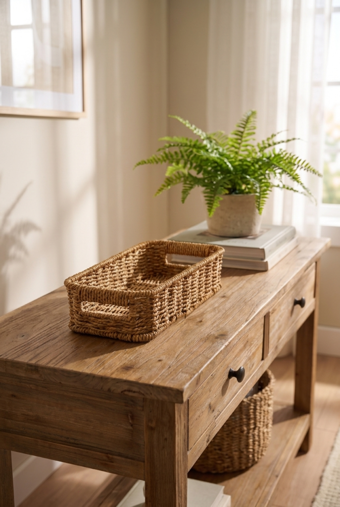 Hasır Rattan Organizer Sepet Kulplu Dekoratif Düzenleyici Sepet 26 x 11 x 7 cm Çok Amaçlı Mutfak Banyo Raf Dolap Organizeri Doğal Hasır Sepet