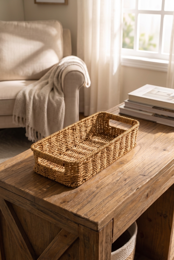 Hasır Rattan Organizer Sepet Kulplu Dekoratif Düzenleyici Sepet 31 x 13 x 8 cm Çok Amaçlı Mutfak Banyo Raf Dolap Organizeri Doğal Hasır Sepet