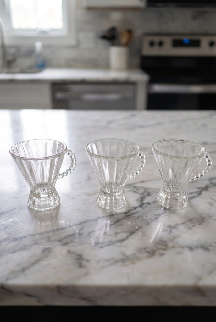 3'lü 180 ml Boncuk Kulplu Kristal Cam Kupa Seti – Diamond Kalın Cam Şeffaf Kahve Kupası – Dekoratif Latte, Cappuccino, Türk Kahvesi ve Bitki Çayı Bardağı – 8 x 9 cm