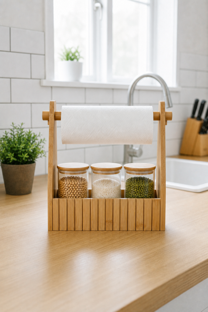 Bambu Kağıt Havluluk ve Peçetelik Organizer 26,5x10x25 cm – Çok Amaçlı Mutfak Düzenleyici, Ahşap Tezgah Üstü Saklama Rafı, Bambu Organizer Standı