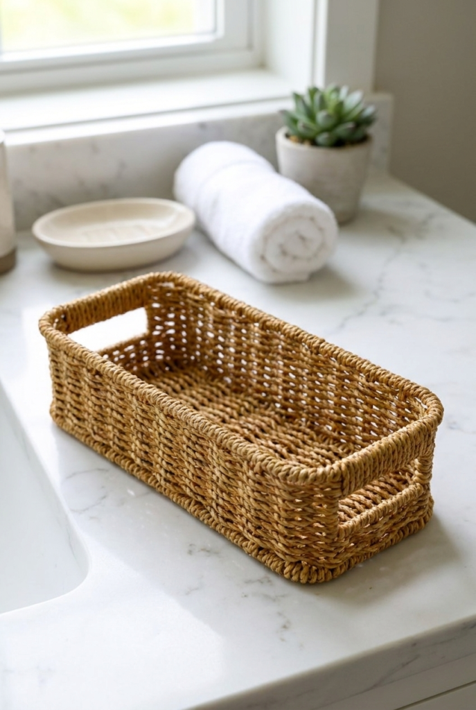 Hasır Rattan Organizer Sepet Kulplu Dekoratif Düzenleyici Sepet 26 x 11 x 7 cm Çok Amaçlı Mutfak Banyo Raf Dolap Organizeri Doğal Hasır Sepet