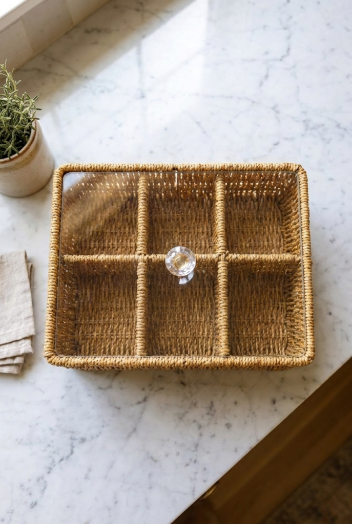 6 Bölmeli Rattan Düzenleyici Organizer Bitki Çayı Sepeti Şeffaf Kristal Kapaklı Rattan Saklama Kutusu Çay Poşeti Organizeri Kristal Kulplu 24,5 x 17 x 10 cm