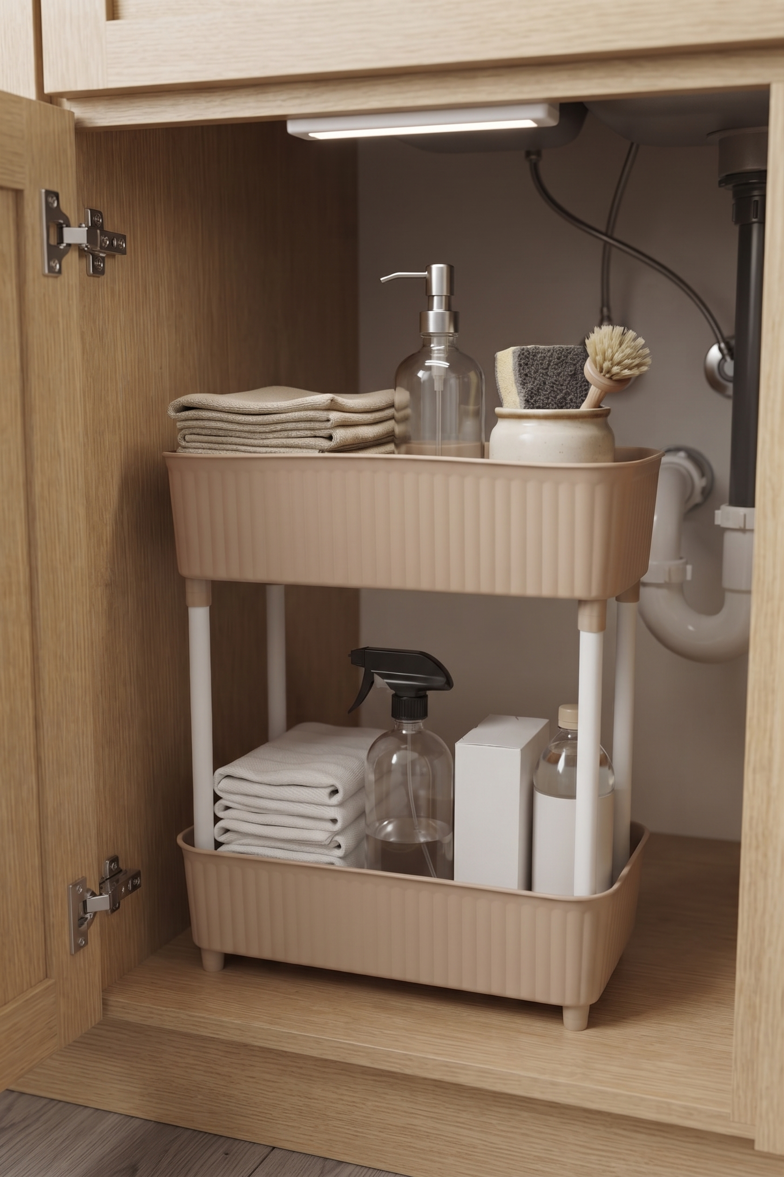 2 Katlı Plastik Düzenleyici Raf Cappuccino | Mutfak Dolap İçi Raf | Banyo Rafı | Masa Altı Organizer | Çok Amaçlı Saklama Düzenleyici 30x17,5x40,5 cm
