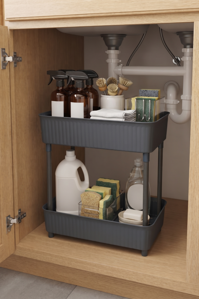 2 Katlı Plastik Düzenleyici Raf Füme | Mutfak Dolap İçi Raf | Banyo Rafı | Masa Altı Organizer | Çok Amaçlı Saklama Düzenleyici 30x17,5x40,5 cm