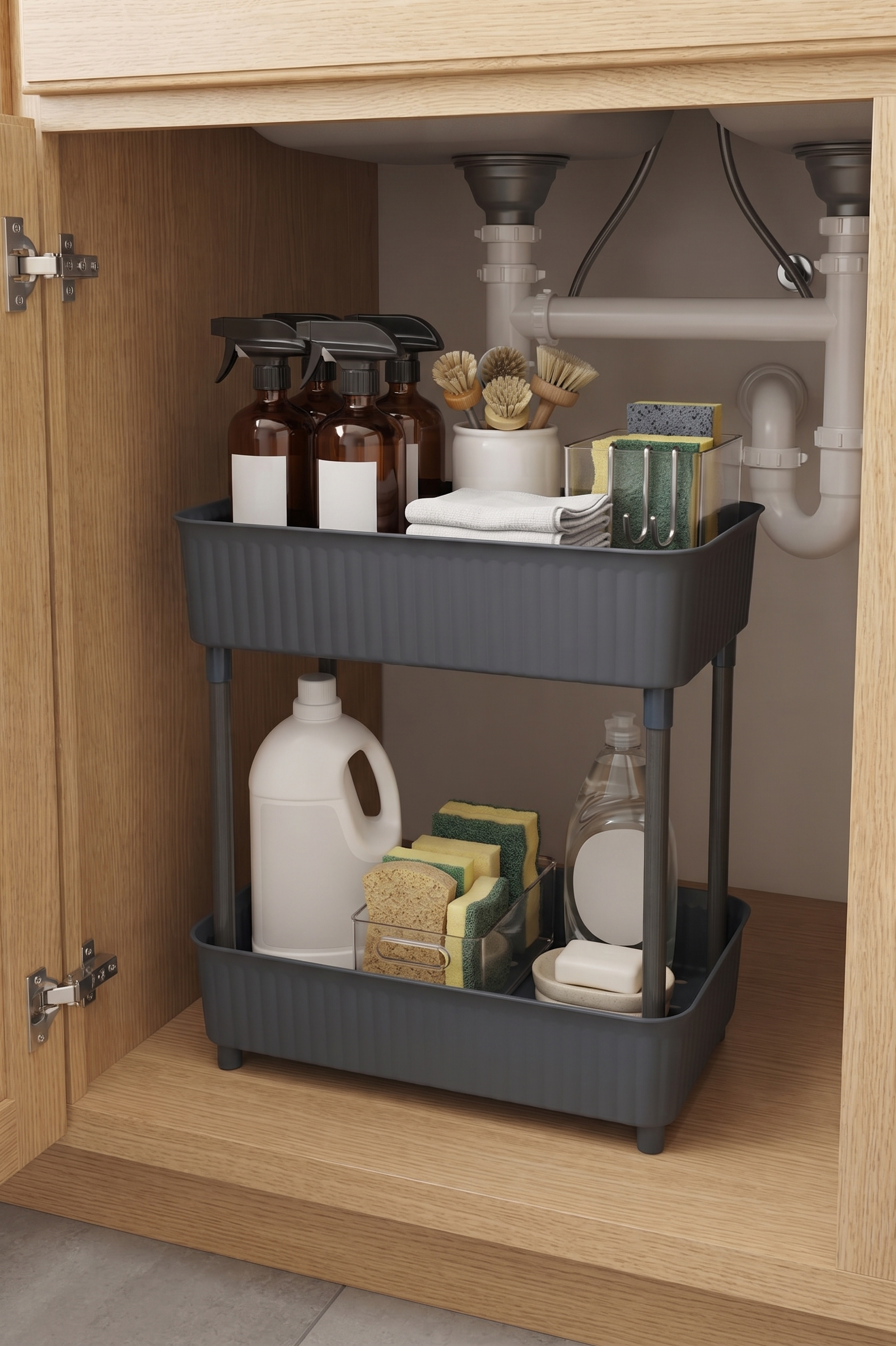 2 Katlı Plastik Düzenleyici Raf Füme | Mutfak Dolap İçi Raf | Banyo Rafı | Masa Altı Organizer | Çok Amaçlı Saklama Düzenleyici 30x17,5x40,5 cm
