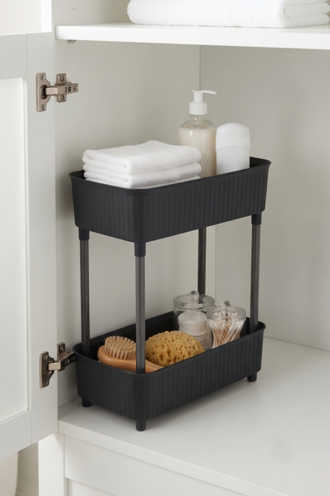 2 Katlı Plastik Düzenleyici Raf Siyah | Mutfak Dolap İçi Raf | Banyo Rafı | Masa Altı Organizer | Çok Amaçlı Saklama Düzenleyici 30x17,5x40,5 cm