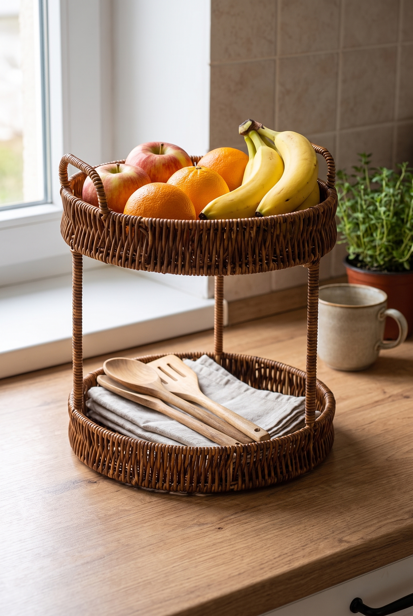 Hasır Rattan 2 Katlı Organizer ve Sunumluk Sepeti – Dekoratif Yuvarlak Hasır Meyvelik, Kahvaltılık, Mutfak Düzenleyici, Banyo Organizer, Tezgah Üstü Düzenleyici – 24 x 29 cm