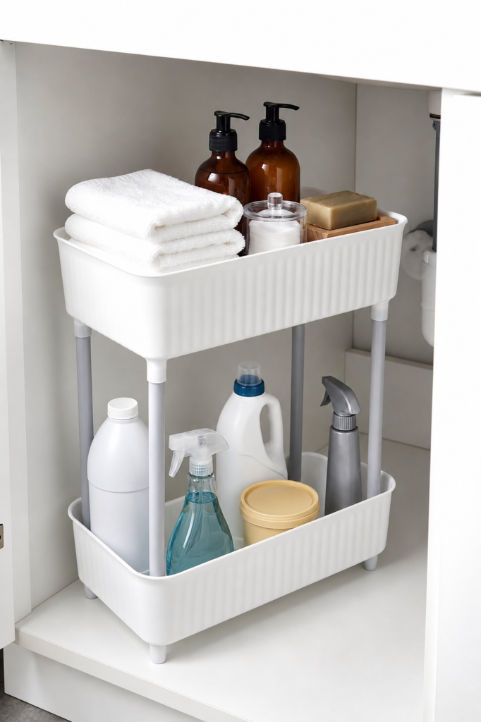 2 Katlı Plastik Düzenleyici Raf Beyaz | Mutfak Dolap İçi Raf | Banyo Rafı | Masa Altı Organizer | Çok Amaçlı Saklama Düzenleyici 30 x 17,5 x 40,5 cm