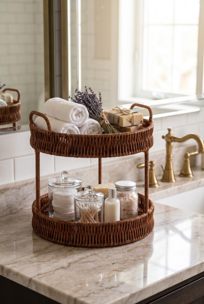 Hasır Rattan 2 Katlı Organizer ve Sunumluk Sepeti – Dekoratif Yuvarlak Hasır Meyvelik, Kahvaltılık, Mutfak Düzenleyici, Banyo Organizer, Tezgah Üstü Düzenleyici – 24 x 29 cm