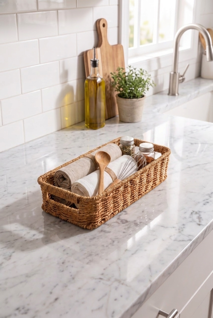 Hasır Rattan Organizer Sepet Kulplu Dekoratif Düzenleyici Sepet 31 x 13 x 8 cm Çok Amaçlı Mutfak Banyo Raf Dolap Organizeri Doğal Hasır Sepet