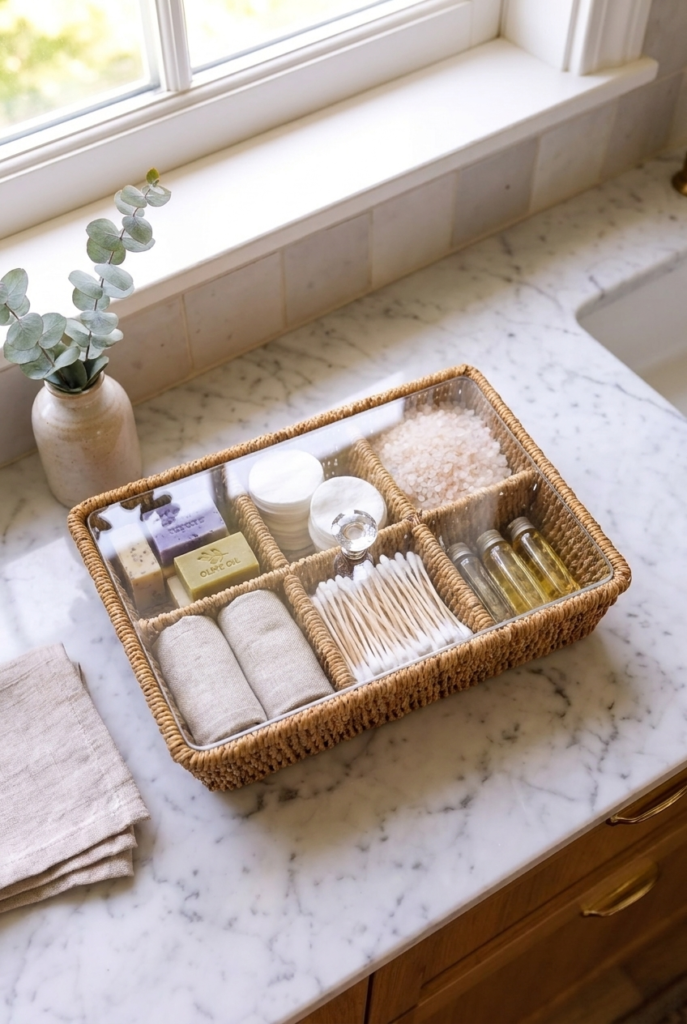 6 Bölmeli Rattan Düzenleyici Organizer Bitki Çayı Sepeti Şeffaf Kristal Kapaklı Rattan Saklama Kutusu Çay Poşeti Organizeri Kristal Kulplu 24,5 x 17 x 10 cm