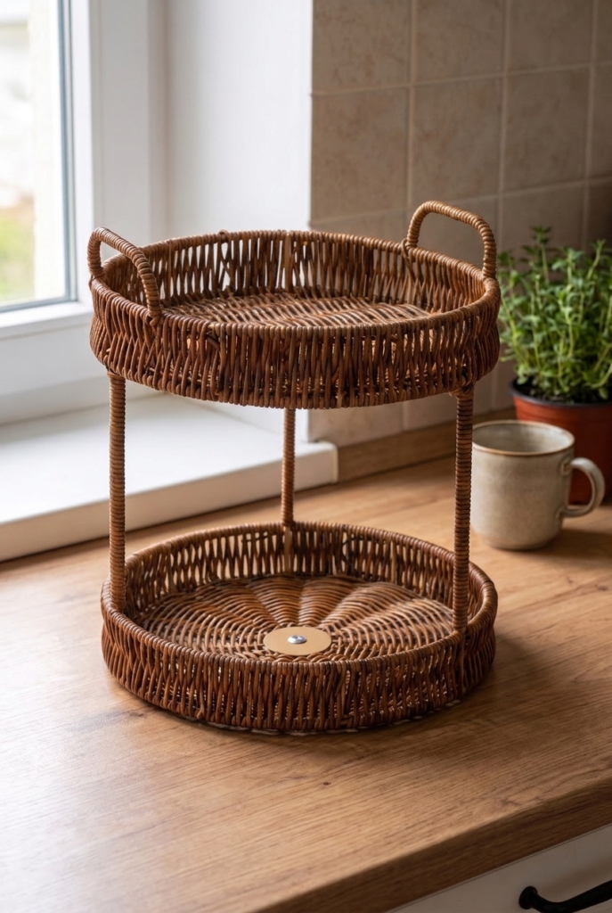 Hasır Rattan 2 Katlı Organizer ve Sunumluk Sepeti – Dekoratif Yuvarlak Hasır Meyvelik, Kahvaltılık, Mutfak Düzenleyici, Banyo Organizer, Tezgah Üstü Düzenleyici – 24 x 29 cm
