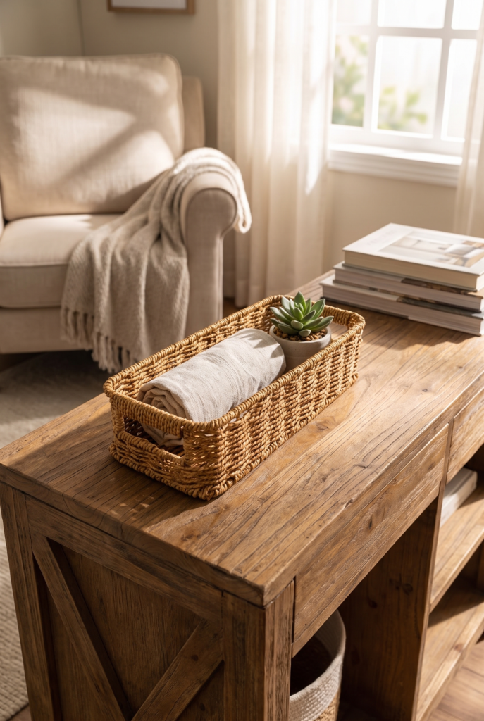 Hasır Rattan Organizer Sepet Kulplu Dekoratif Düzenleyici Sepet 31 x 13 x 8 cm Çok Amaçlı Mutfak Banyo Raf Dolap Organizeri Doğal Hasır Sepet