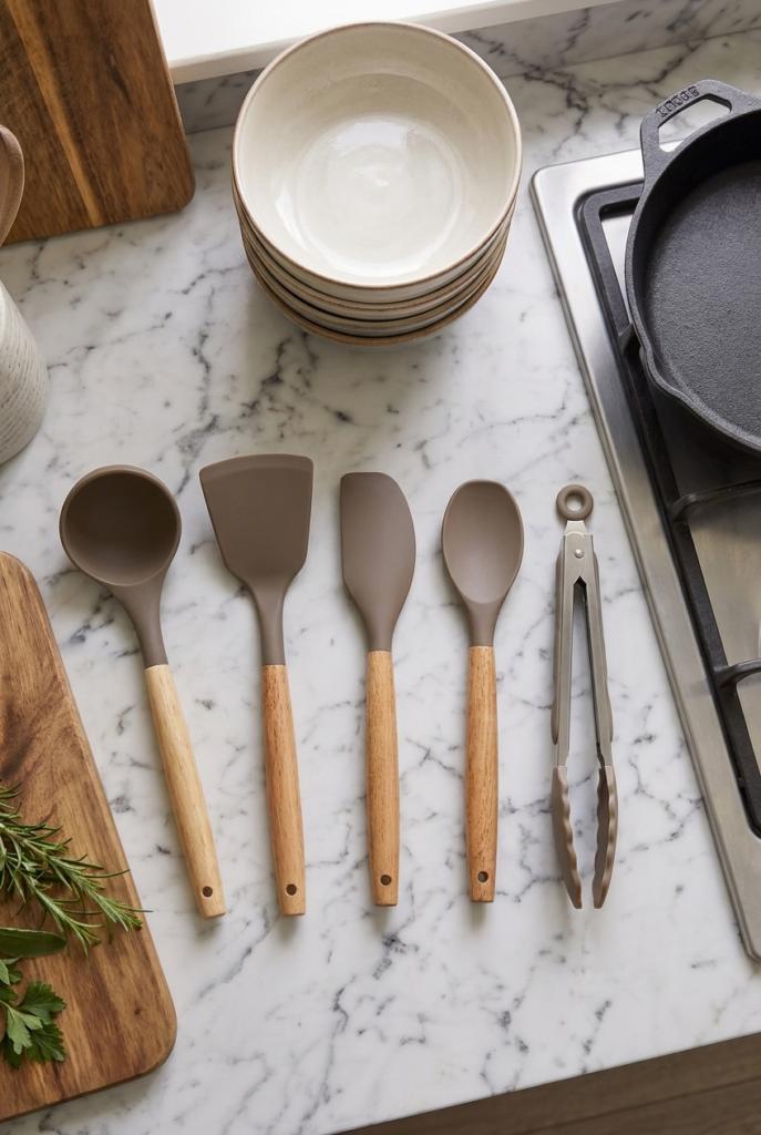 Bambu Saplı Silikon Mutfak Gereçleri Seti 5 Parça | Yanmaz Yapışmaz Servis Seti | Kepçe Spatula Kaşık Maşa Seti | Kahverengi Silikon Mutfak Seti