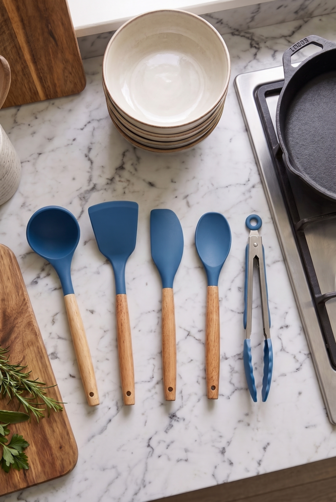 Bambu Saplı Mavi Silikon Mutfak Gereçleri Seti 5 Parça | Yanmaz Yapışmaz Servis Seti | Kepçe Spatula Kaşık Maşa Seti | Silikon Mutfak Seti