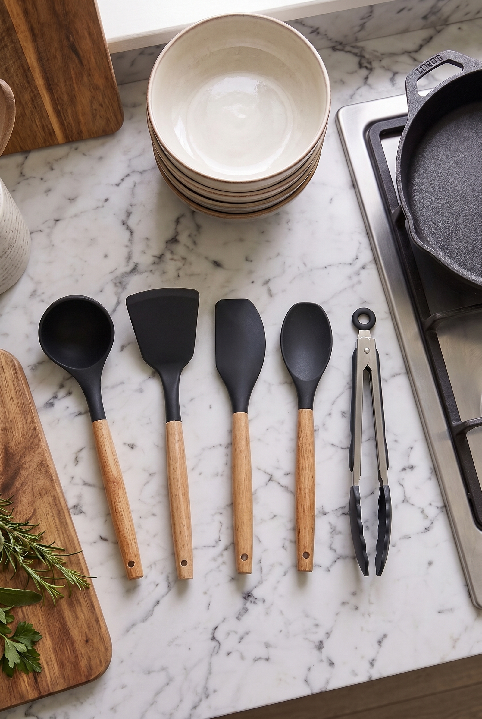 Bambu Saplı Siyah Silikon Mutfak Servis Seti 5 Parça | Yanmaz Yapışmaz Silikon Uçlu Kepçe, Spatula, Kaşık ve Kilitli Mutfak Maşası | Premium Kalite