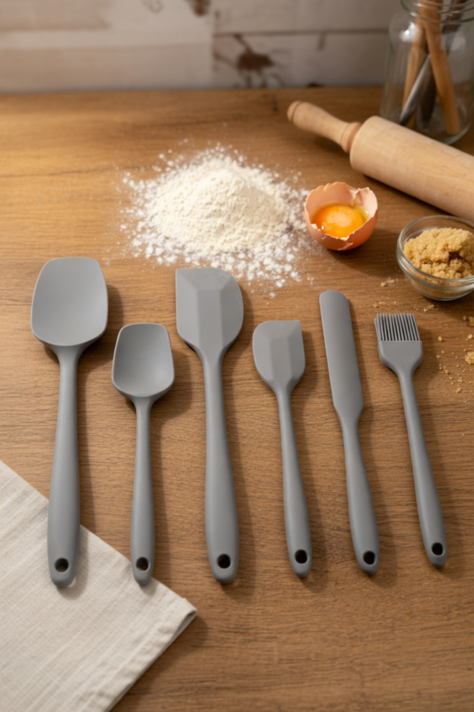 6'lı Gri Silikon Spatula Seti | Isıya Dayanıklı Pasta Kek Hamur Kazıyıcı ve Silikon Fırça Seti | Yapışmaz Tencere Tava Uyumlu Mutfak Gereçleri
