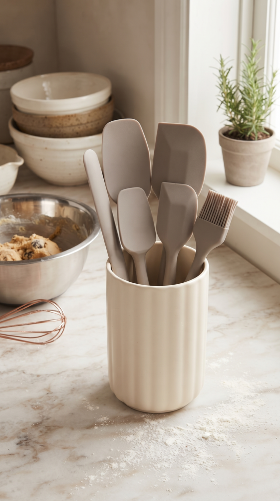6'lı Bej Silikon Spatula Seti | Isıya Dayanıklı Silikon Mutfak Gereçleri | Hamur Kazıyıcı, Pasta Spatulası, Silikon Fırça | Yapışmaz Tencere ve Tava Uyumlu