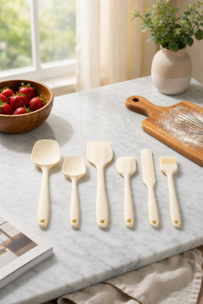 6'lı Beyaz Silikon Spatula Seti | Isıya Dayanıklı Silikon Mutfak Gereçleri | Hamur Kazıyıcı, Pasta Spatulası ve Silikon Fırça | Yapışmaz Tencere Tava Uyumlu