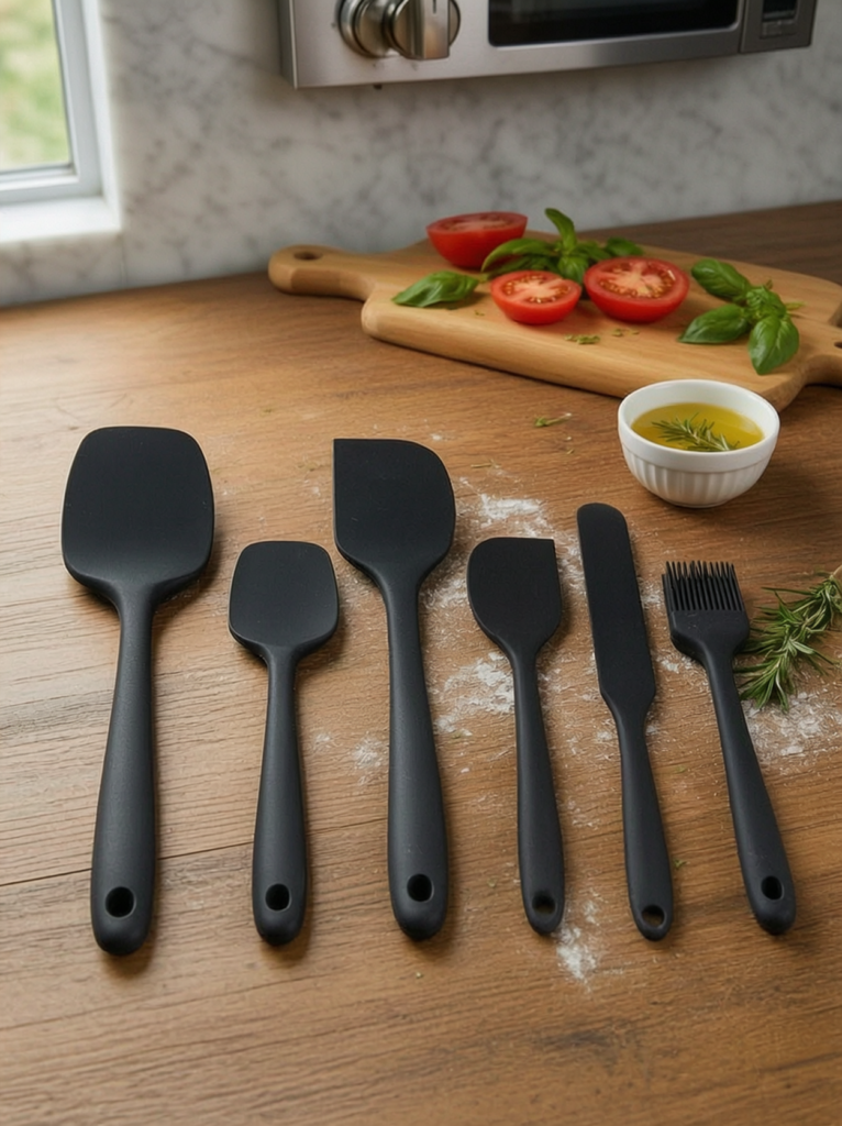 6'lı Siyah Silikon Spatula Seti | Isıya Dayanıklı Pasta Kek Hamur Kazıyıcı ve Fırça Seti | Yapışmaz Tencere Tava Uyumlu Mutfak Gereçleri