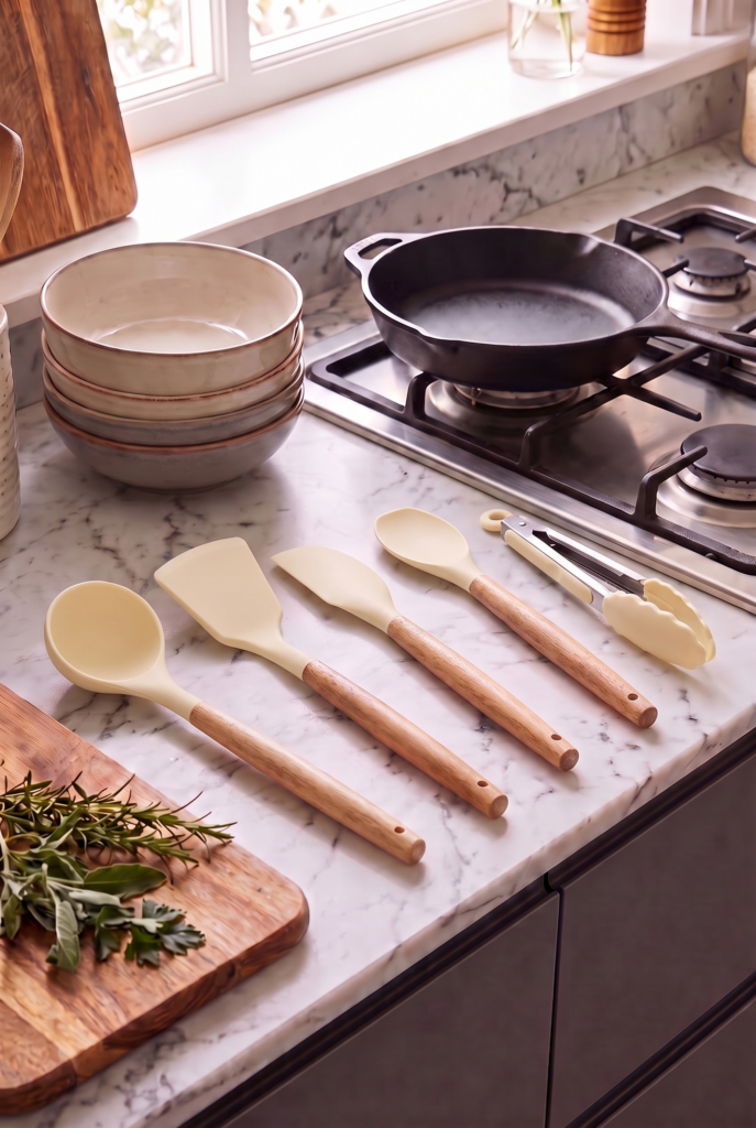 Bambu Saplı Beyaz Silikon Servis Seti 5 Parça | Yanmaz Yapışmaz Silikon Mutfak Gereçleri | Kepçe, Spatula, Kaşık ve Kilitli Mutfak Maşası